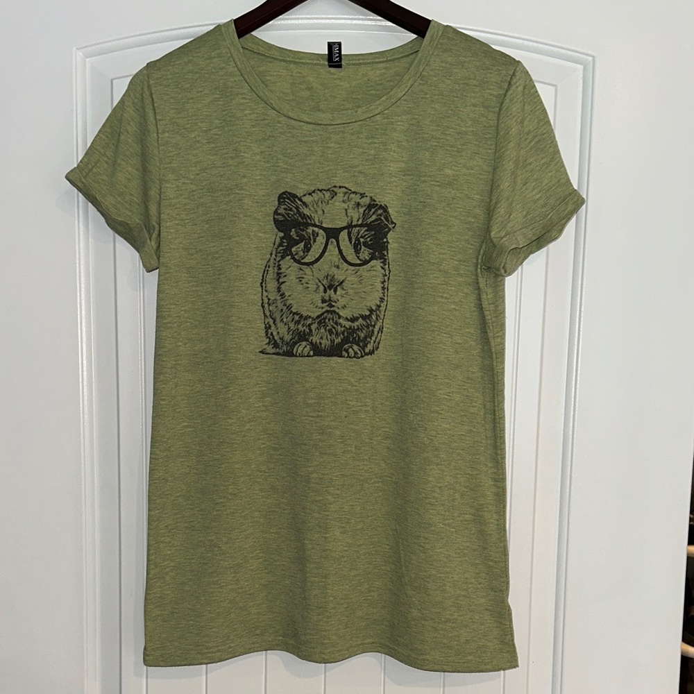 Women's Olive Green Graphic Tee with Guinea Pig Illustration